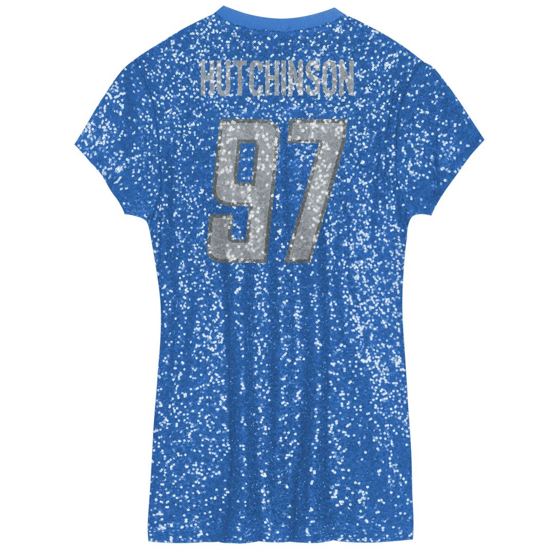 Aidan Hutchinson Detroit Lions Girls Youth Sequin Player Name & Number V-Neck Dress - Blue